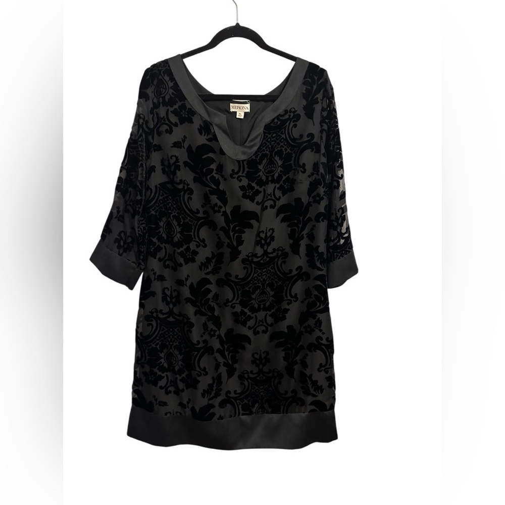 Merona Women's 3/4 Sleeve Black Velvet Chiffon Shift‎ Dress Holiday XL Cocktail